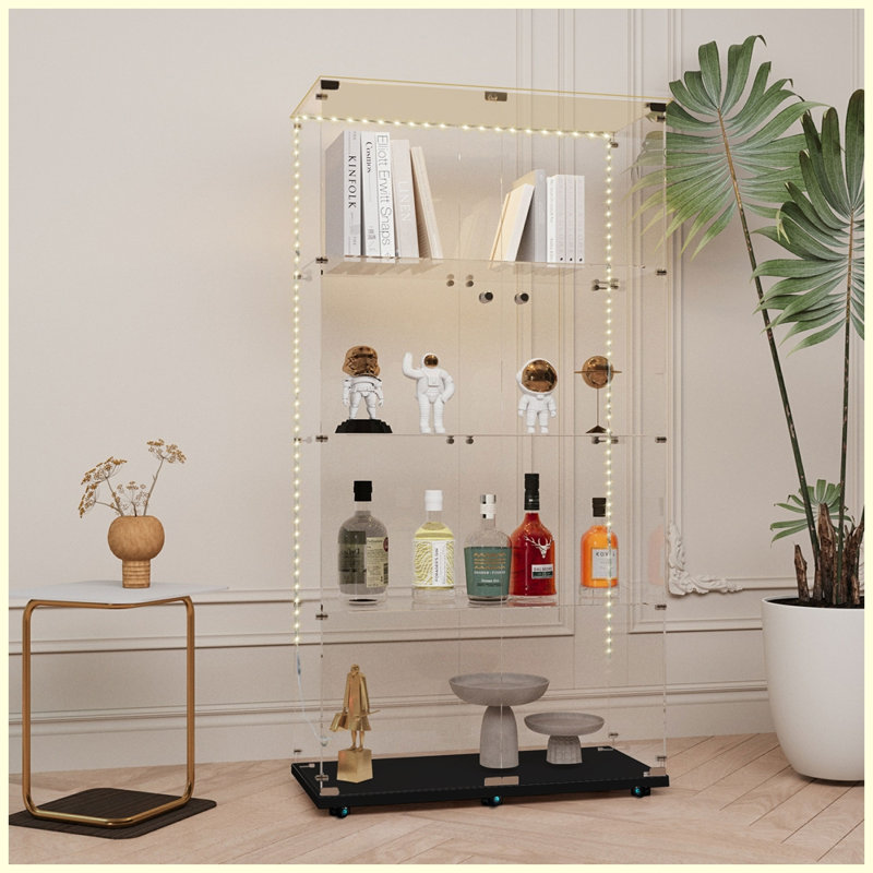 Modern Tempered glass display cabinet with Bluetooth LED strip, Black