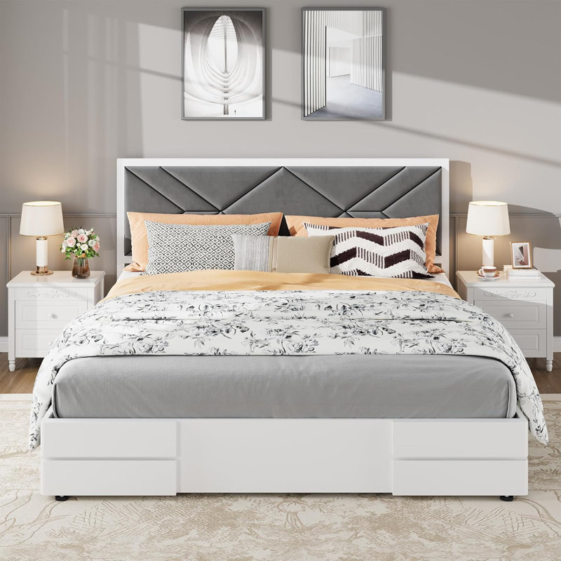 Full Size Upholstered Bed Frame,Wooden Bed Frame with Fabric Upholstered Headboard,No Box Spring Needed,Strong Wooden Slats,Easy Assembly,White