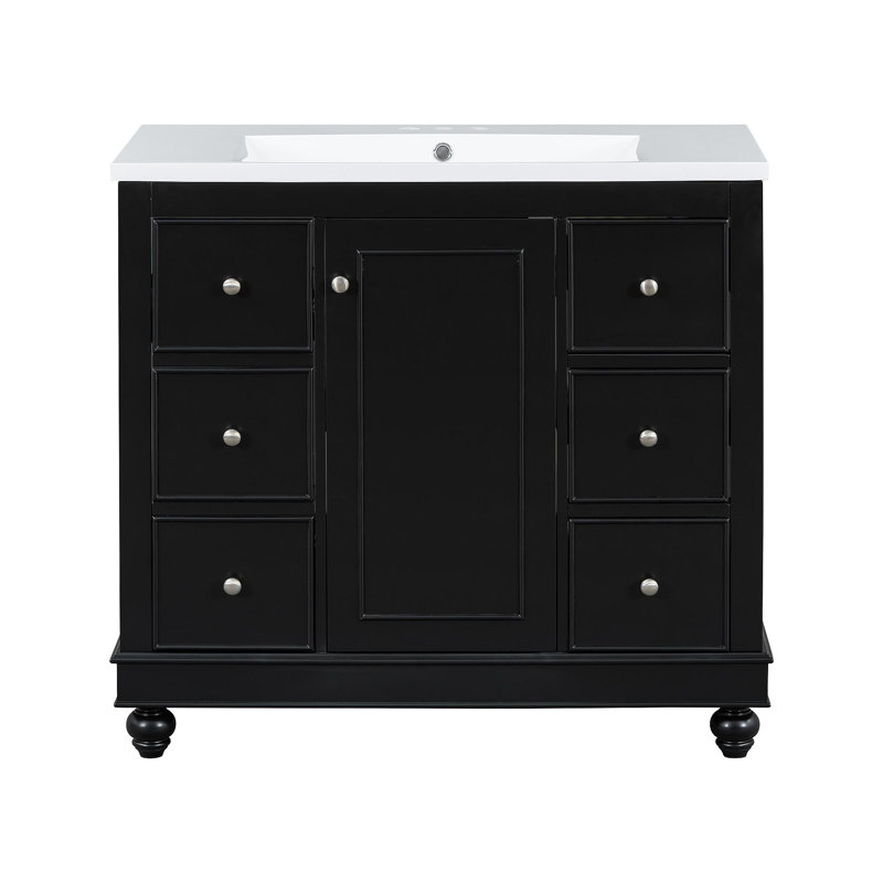 Meuble-lavabo contemporain noir - 36 po x 18 po x 34 po, 4 tiroirs et 1 porte d'armoire, rangement polyvalent, lavabo intégré en résine, tablettes réglables, cadre en bois massif avec panneau de fibres à densité moyenne
