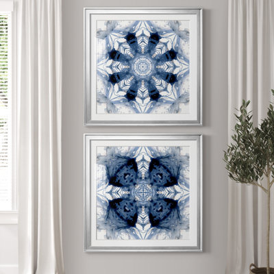 Indigo Kaleidoscope III - Matted and Framed Under Acrylic Glass, Set of 2, Large Living Room Wall Art