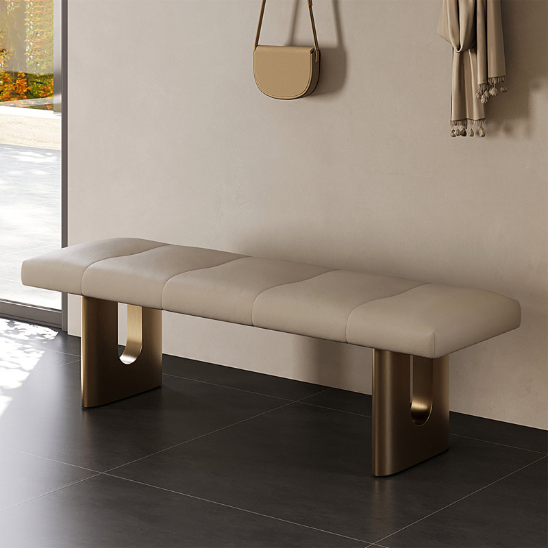 Beige Modern Wood Upholstered  Bedroom and Entryway Leather Long  Bench, Beige