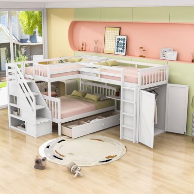 Twin-Twin Over Full Bunk Bed With Staircase Storage And Retractable Desk