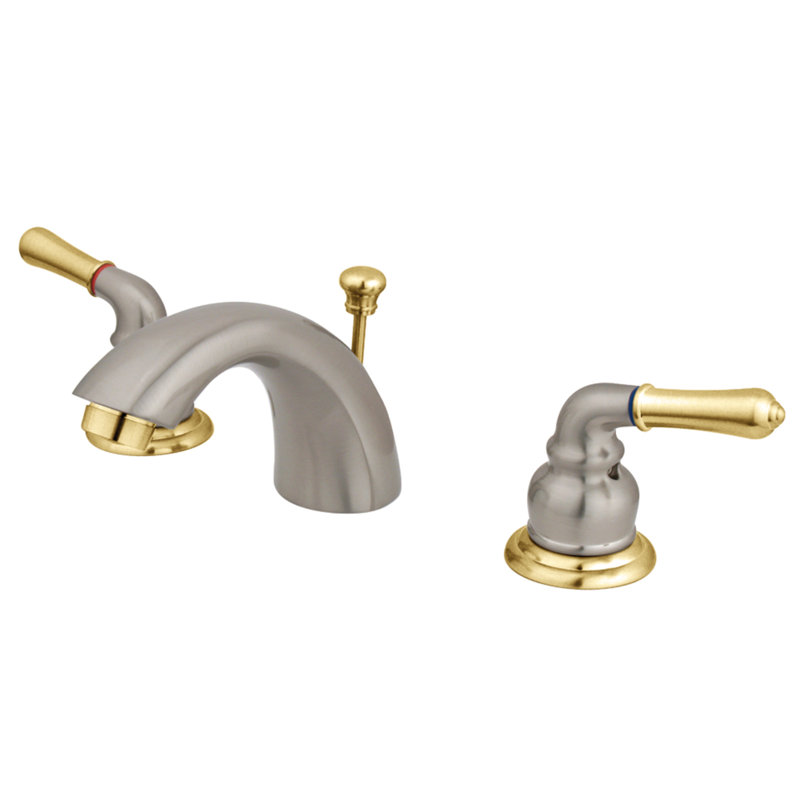 Robinet de salle de bain à large entraxe avec bonde, Nickel satiné / Laiton poli, Avec drain escamotable