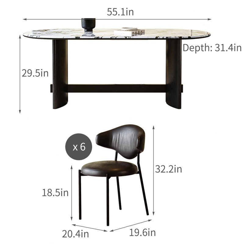 Ensemble de table de salle à manger moderne ovale de luxe en faux marbre, H 29,5 po x L 55,1 po x l 31,4 po