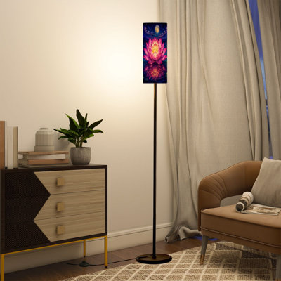  68.5" Standing Floor Lamp Lotus Flower Lake Lily Pads Night Landscape Stained Glass Print Dimmable Metal Pole Lamp with Linen Lampshade LED Bulb Included