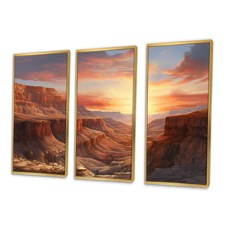 «Canyon Desert Sunset», ensemble d'art mural Canyon, Cadre flottant doré, H 32 po x l 48 po x P 1 po