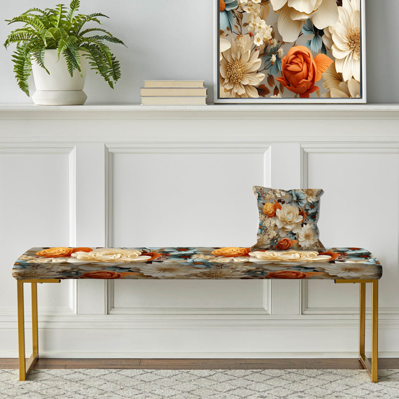 Motif floral orange élégant rustique orange - Banc rembourré floral doré
