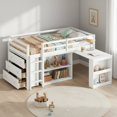 Solid Wood Twin Loft Bed with Drawer Cabinet, Shelf Cabinet and Pulling-Out Desk 