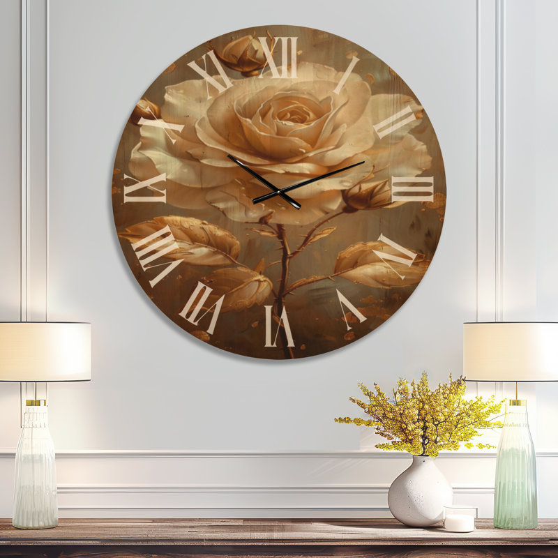 Horloge murale surdimensionnée à motif de feuilles dorées et dorées Glam - impression florale sur bois, Surdimensionné