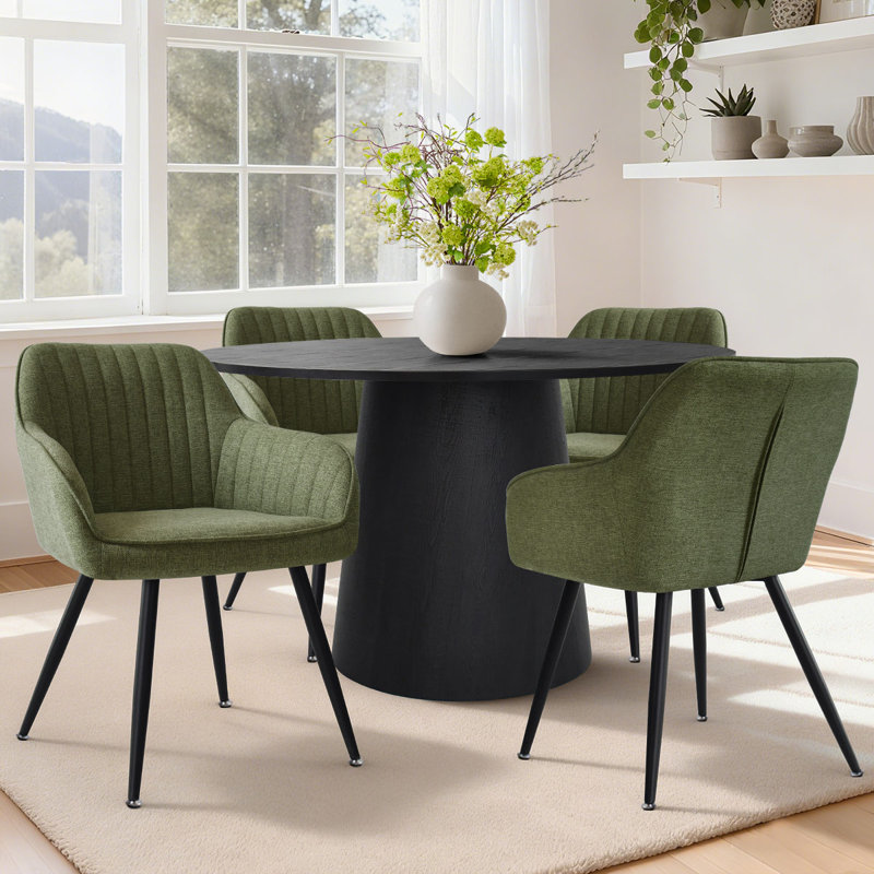 5-Piece Modern Round Dining Set With Black Pedestal Table And Upholstered Armchairs, Green