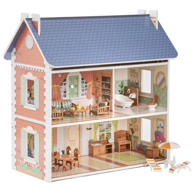 Large Vintage Wooden Dollhouse For Kids With Furniture Accessories For Birthday And Christmas ,Brick Red