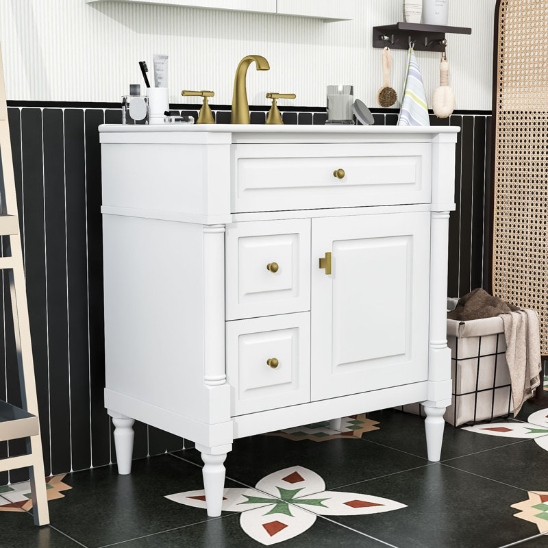 Meuble-lavabo avec lavabo en céramique, tablette réglable, 3 tiroirs et armoire de rangement, Blanc, 30"