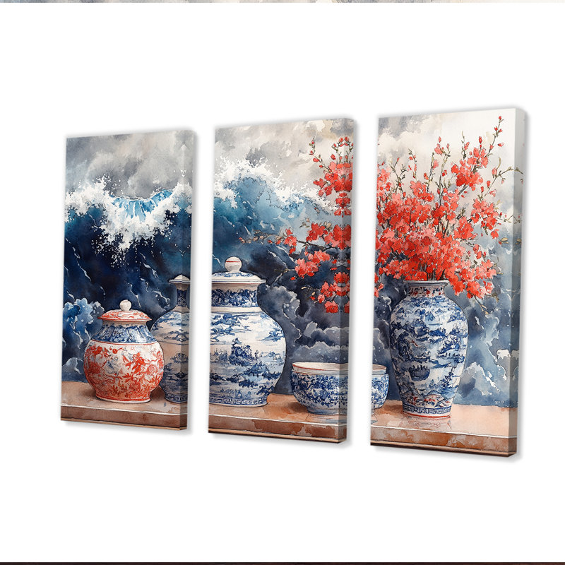 Poterie de chinoiserie dans des tons bleus et blancs II - Boho, H 28 po x l 36 po x P 1 po, Toile tendue