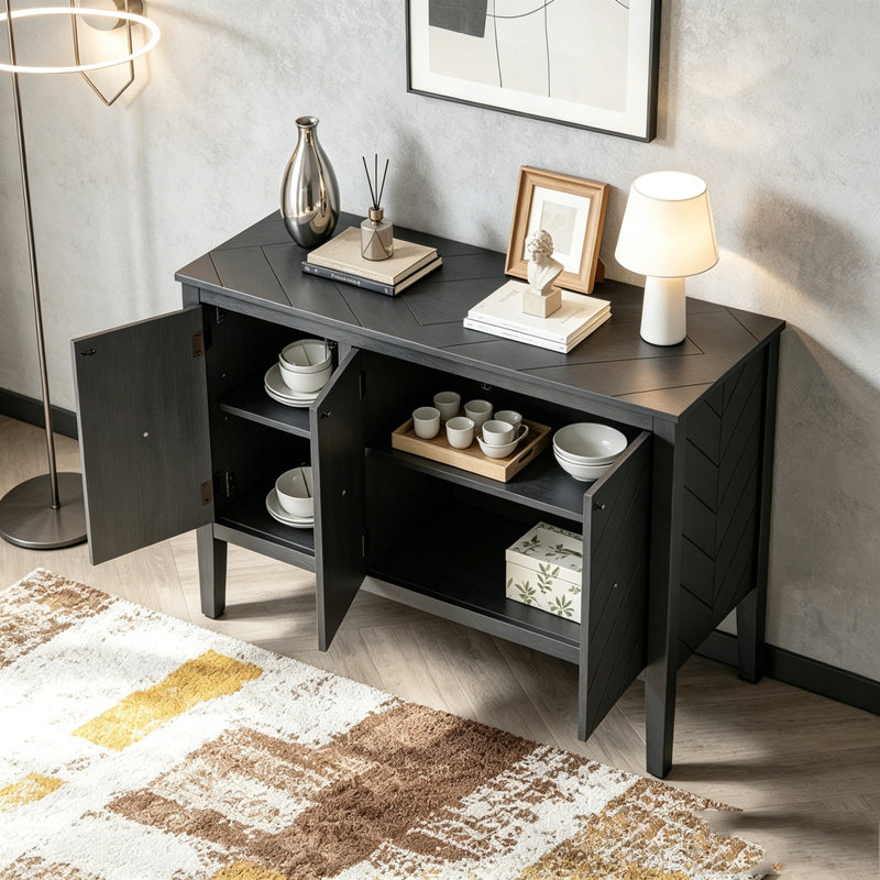 Adjustable Shelf Storage Sideboard with 3 Retro Metal Handles and 4 Pinewood Legs, Grey
