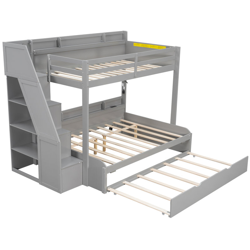 Twin over Full Bunk Bed with Storage Staircase,  Trundle, Storage Shelves, and USB, Grey, Grey