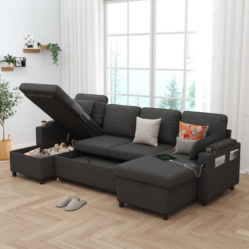 U-shape 2-in-1 Sleeper Sofa Pull-Out Couch with USB Charging, Gray Linen Blend