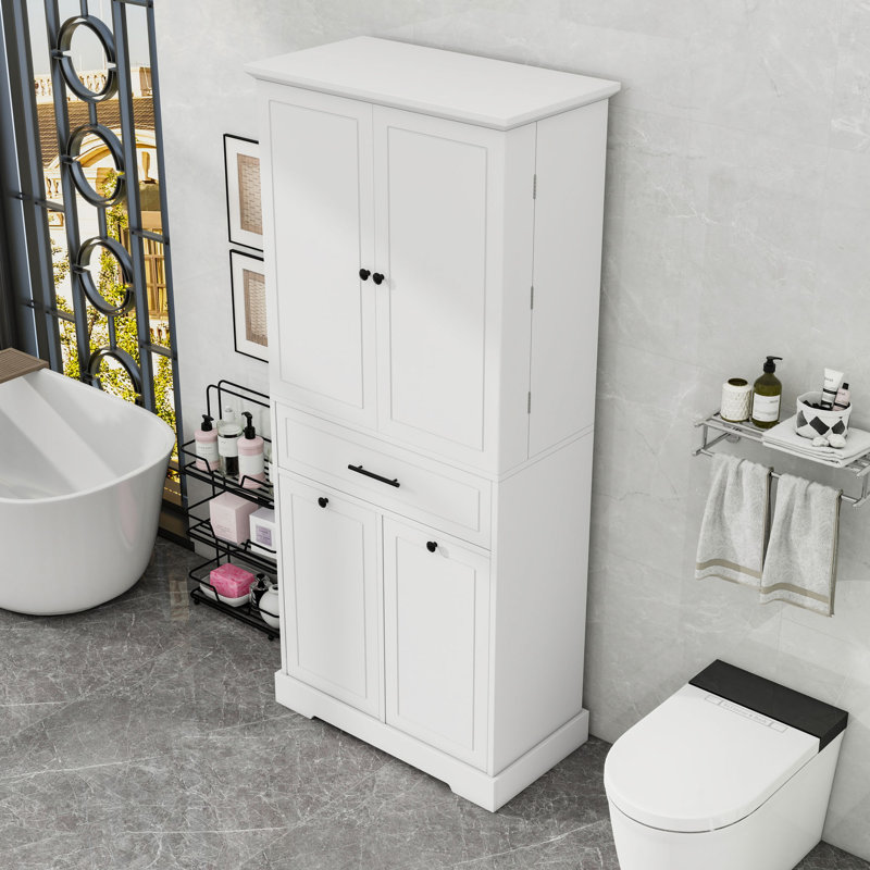 Armoire de rangement autoportante avec tiroir, tablette réglable et panier à linge inclinable
