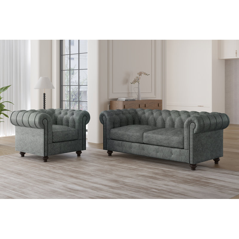 Chesterfield Sofa 2 Seater Textured Luxe Velvet, Moleskin