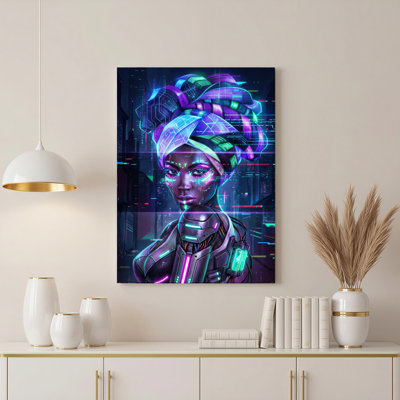 Cyberpunk Futuristic Woman With Neon Headwrap Canvas Wrapped Wall Art Oil Painting Print Set Of 1