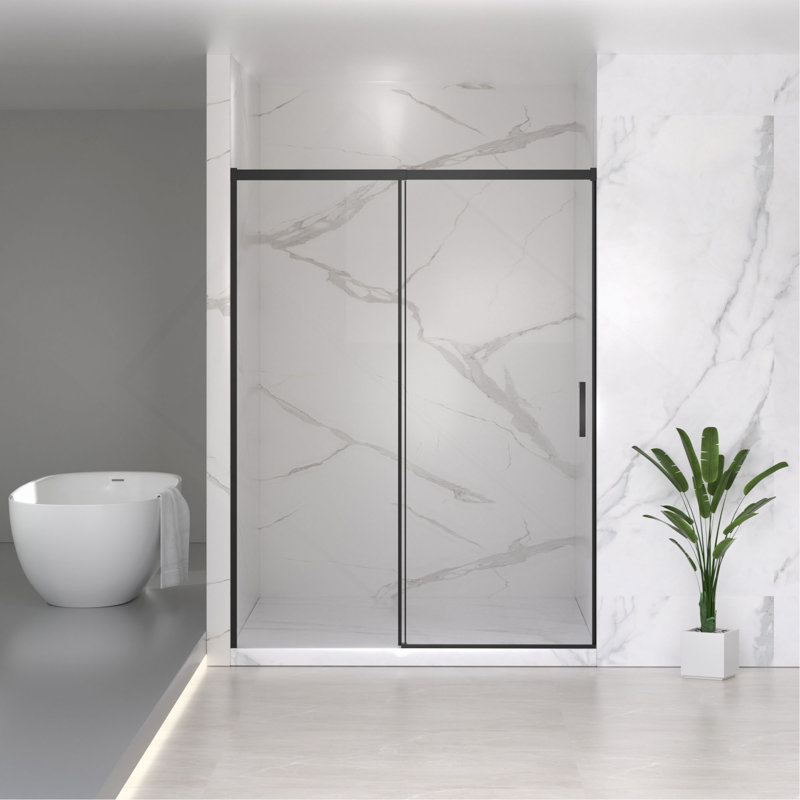 56-60" W x 74" H Semi-Frameless Sliding Shower Door, 1/4" (6mm) Clear SGCC Tempered Glass, Matte Black Finished, Adjustable Width – No Cutting Required