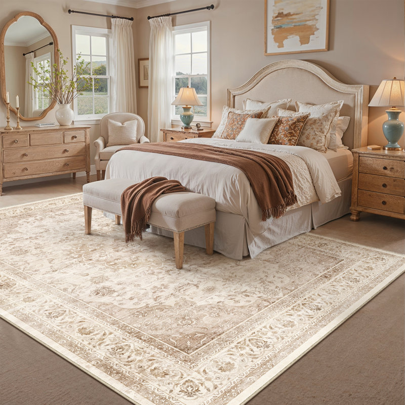Stella Oriental Beige Area Rug with Non-Slip Backing & Roll-Pack Design, Rectangle 9' x 12', Beige