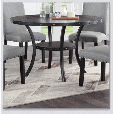 Natural Wooden Round Dining Table With Nailhead Trim And Built-In Storage Shelf For Modern Homes