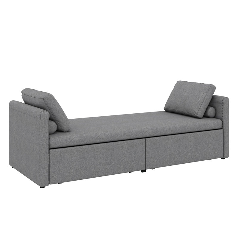 Modern Upholstered Chaise Lounger Daybed - A Small Single Size With 2 Built-In Drawers, Grey