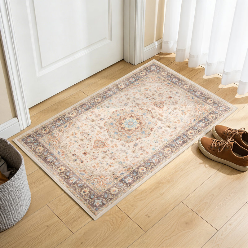 Eaglin Medallion Ivory Washable Foldable Accent Rug, 24" x 35"