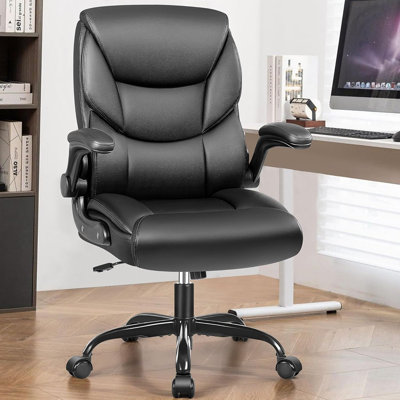 Fauteuil de bureau ergonomique en cuir - petit fauteuil de bureau ergonomique en polyuréthane, fauteuil d'ordinateur confortable avec roulettes et accoudoirs rabattables, fauteuil de bureau de direction à dossier réglable