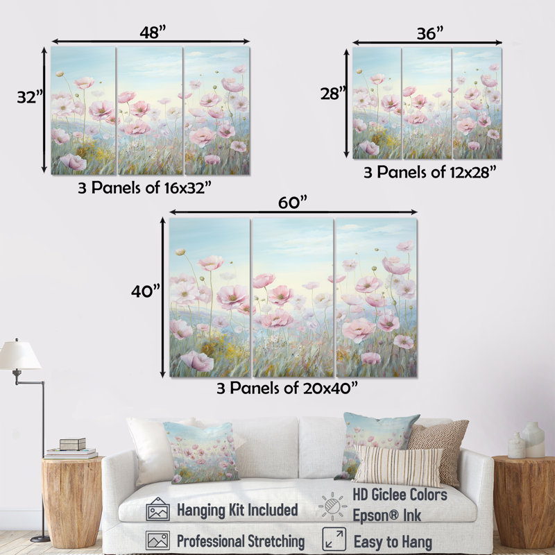 Rose Ranunculus Field In Mountain I - Ensemble de décoration murale Renoncule, Toile tendue, H 28 po x l 36 po x P 1 po