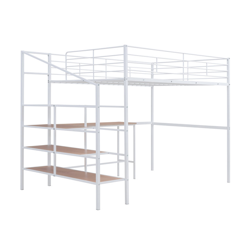 Lit mezzanine en métal avec bureau et échelle de rangement latérale, blanc