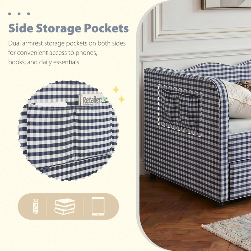 Canapé-lit convertible rembourré Gingham, Twin, Dark Blue