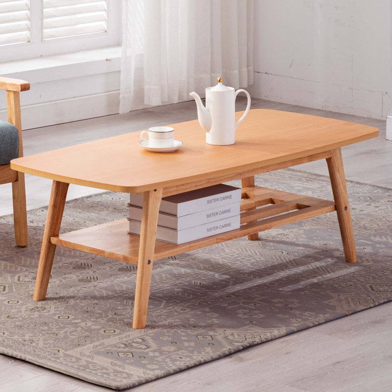 Table basse avec pieds en bois massif et tablette ouverte, Naturel