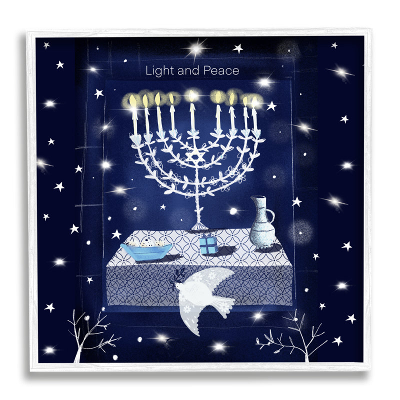 «Light & Peace Menorah Stars» encadré sur bois par Susse Linton, impression, H 17 po x l 17 po x P 1,5 po