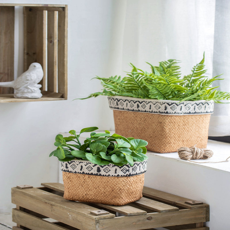 Ensemble de 2 pots à fleurs rectangulaires avec bordure géométrique
