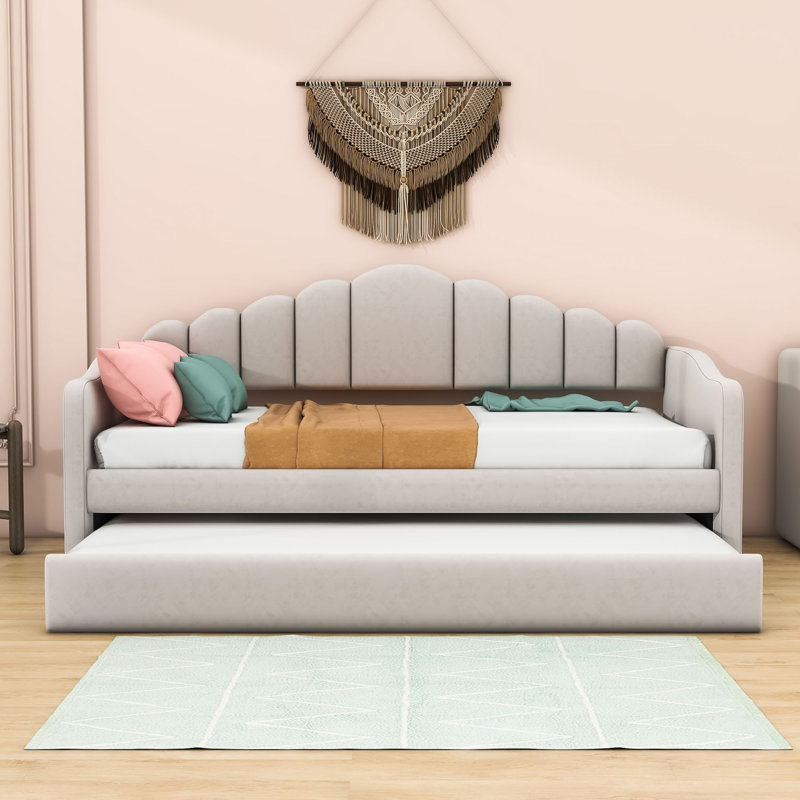 Twin Velvet Upholstered Daybed with Trundle and USB Charging Station, Beige