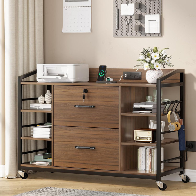 43.3" W lockable 2-Drawer Cabinet, Walnut