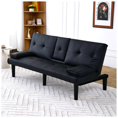 Canapé-lit 67 po en PVC noir convertible - Canapé-lit multifonctionnel avec design pliable et porte-gobelet pour le salon