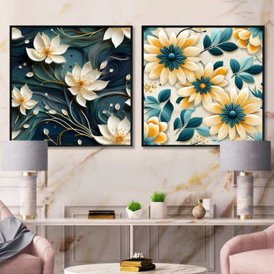 Ensemble de 2 collages carrés floraux zen jaune et blanc