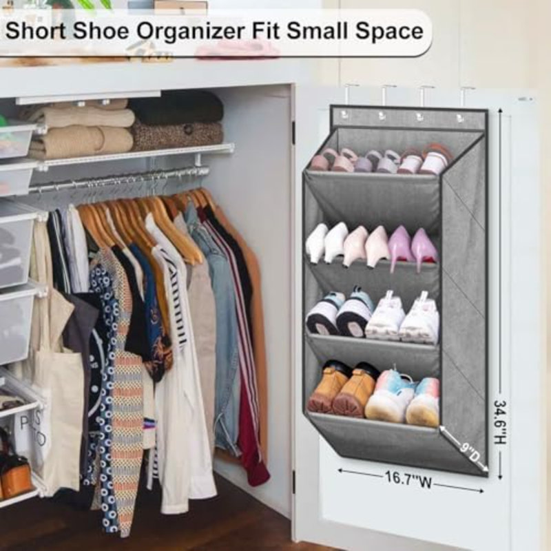 Over The Door Shoe Organizer For Closet, Short Hanging Shoe Rack With Large Deep Pockets, Narrow Door Sneaker Storage For Boots In RV, Dorm, Grey