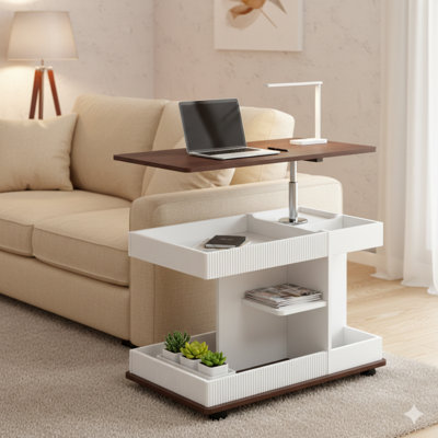 Adjustable End Table On Wheels, A Modern Multifunctional Sofa Side Table With A Lift-Top, A 360° Rotating Top, And Storage Space. Designed For Living Rooms And Small Spaces.