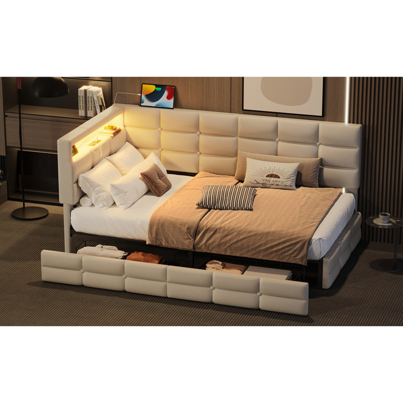 Lit de jour simple tapissier avec 2 tiroirs, station de charge, lumières à DEL et tête de lit avec rangement - beige, design moderne pour les lumières réglables beiges de la chambre à coucher
