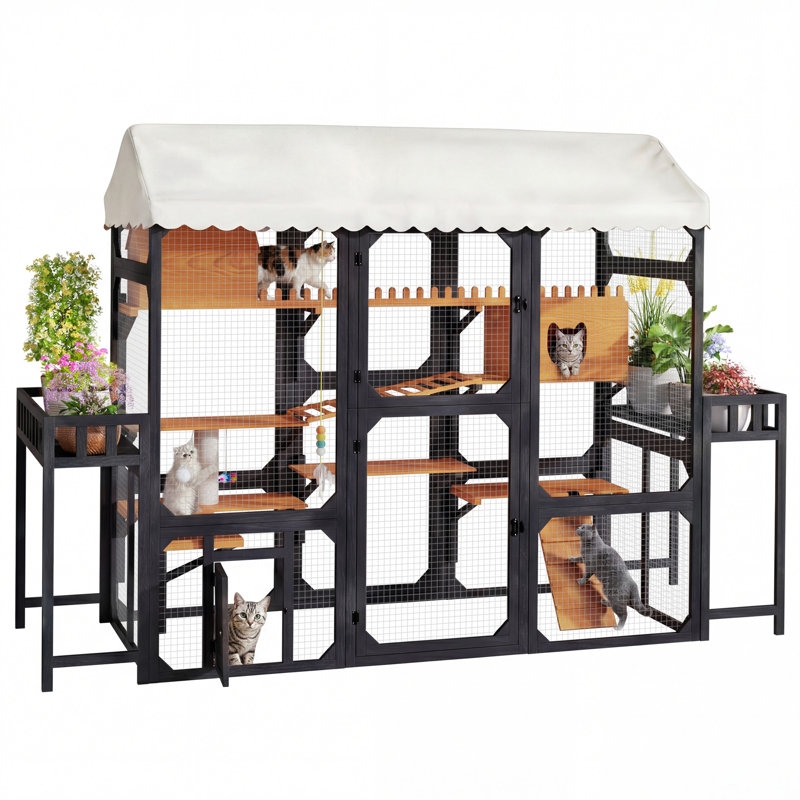 Grande cage d'extérieur en bois pour chat avec 2 supports à plantes, Noir
