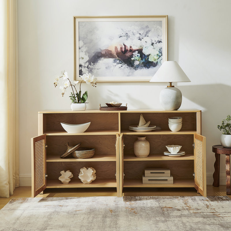 Buffet 63 po Mid-Century Modern Rattan Buffet Buffet avec rangement, crédence de bar à vin Retro Coffee Bar, grande console média pour salon / vestibule / cuisine