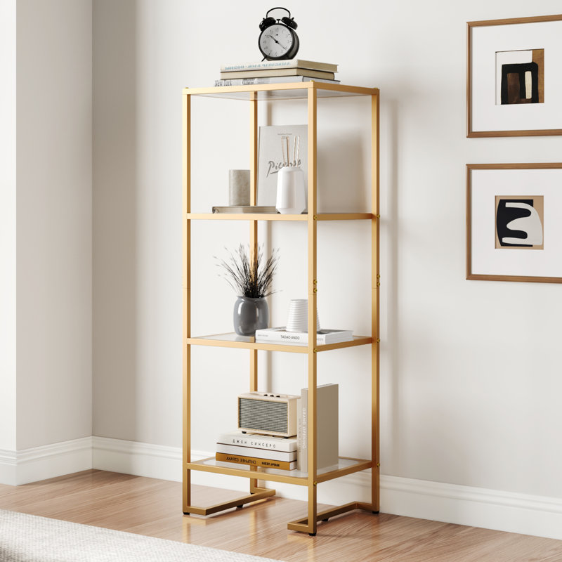 4-tier Glass Bookshelf, Tempered Glass Display Shelf, Modern Open Shelf Bookshelf, Slim Shelving Unit Bookcase For Living Room, Home Office, Bedroom, Golden