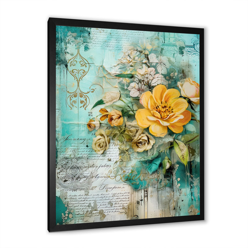 «Blossoming Yellow Rose On», art rétro, Cadre photo noir simple, H 40 po x l 30 po x P 1,5 po