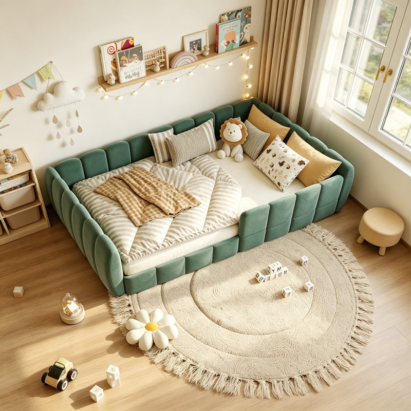 Lit double tapissier en velours vert citrouille, Green