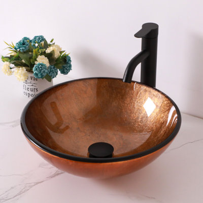 15" L x 15" W Glass Bathroom Vessel Sink Round Tempered Glass Art Basin Above Counter Bathroom Sink