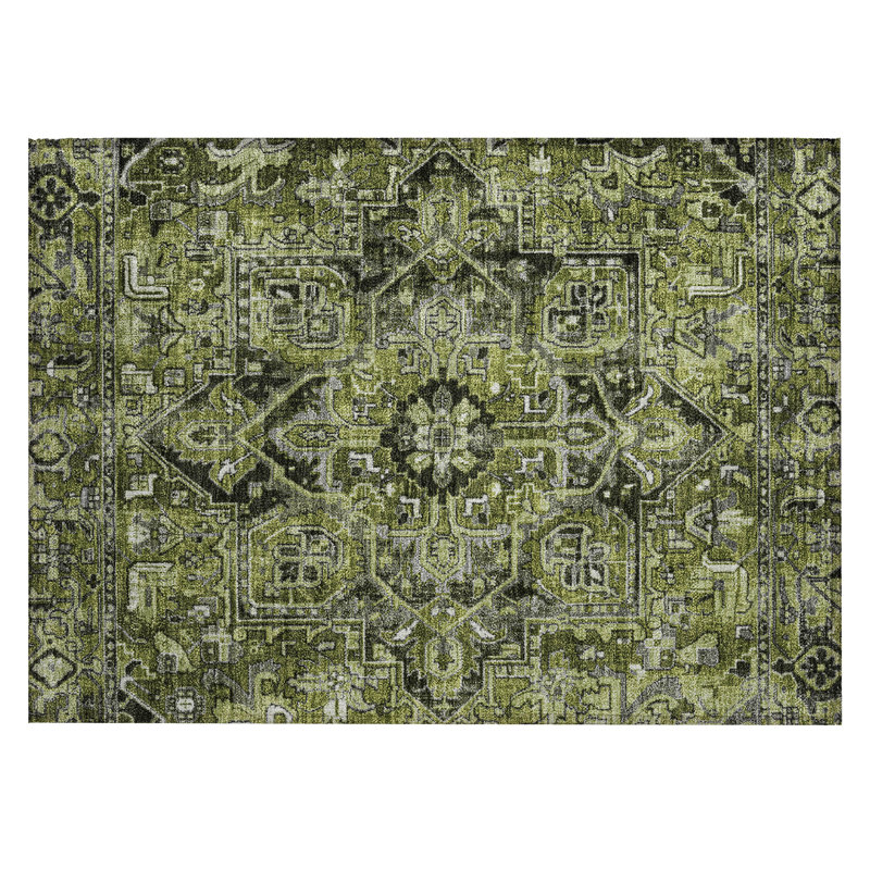 2' X 3' Olive Green and Dark Green Oriental Washable Non Skid Indoor Outdoor Area Rug