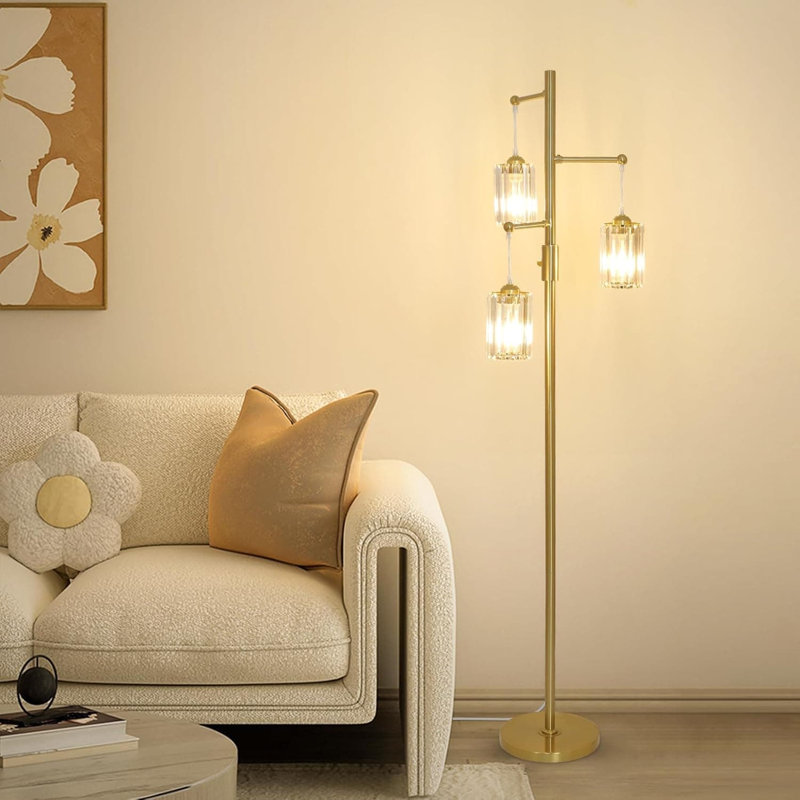 Dimmable Crystal Floor Lamp With 3 Lights, Modern Standing Lamp For Living Room, Adjustable Brightness Industrial Tree Design, Vintage Brass Finish For Bedroom Or Study